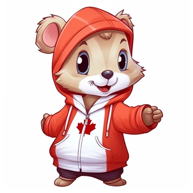 cute, happy cartoon squirell, wearing a hoodie with flag of Canada, with hands in the pockets, clipart, white background