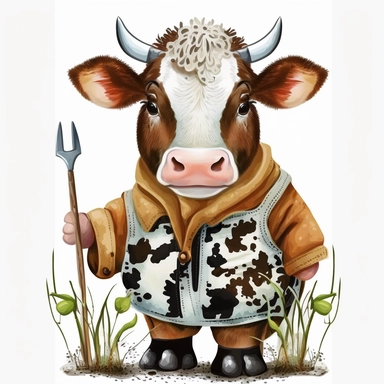 Cute Beautiful Baby Cow dressing Farmer Clothes Watercolor Sublimation Clipart,Cartoon,hyper realistic, intricate detail, illustration style,high solution,on the white background