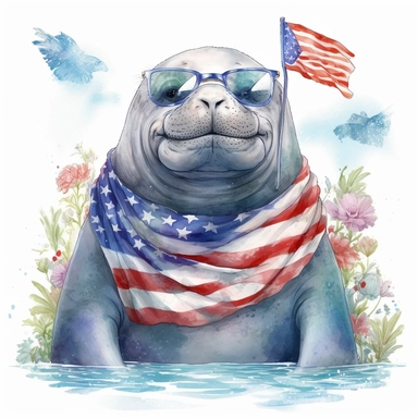a gentle manatee in coastal waters, American flag scarf and sunglasses ,with seagrass beds, colorful ink wash paintings, anime-inspired character designs, hyper-realistic animal illustrations, 2d game art, quadratura, clipart, on white background,