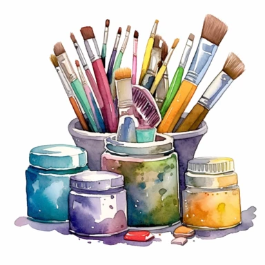 Design a watercolor-style clipart featuring a container brimming with various brushes and an array of paint tubes laid out next to it. Utilize a rich color palette to illustrate the diversity of the artist's tools. Start with the container, filled to the brim with a variety of brushes. Employ shades of silver or gray to suggest the material of the container, allowing the colors to merge slightly for a realistic metal or ceramic look. Illustrate the brushes with a range of brown tones for the han