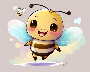 cute smiling vector bee drawing for clipart, image is on a white background, bee is the focal point hovering above a rose, he is flying through the air by himself, nursery watercolor, in the style of watercolor painting, white background, charming anime characters, cute and colorful, depiction of animals, high quality--seed 4107006010