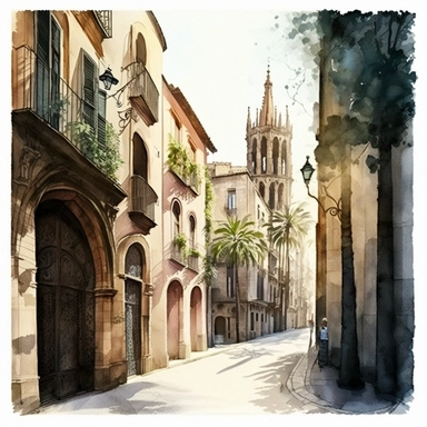 CLIPART WATERCOLOR BARCELONA, STREETS OF BARRI GOTHIC, STREETS