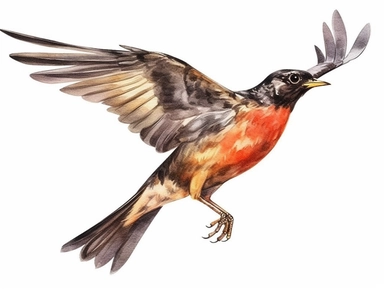 Redwing flying Watercolor isolated on white background, Watercolor Clipart painting, high quality, HD, children's book illustrations, realistic lifelike figures, white background