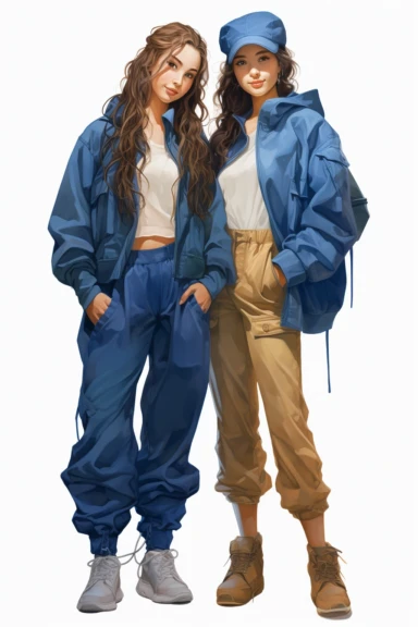 two fullbody women on their backs , wearing blue pants and jackets, clipart