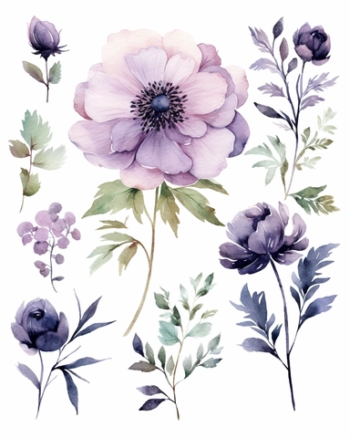 Watercolor Dark Purple Florals, Individual Items, Watercolor Floral Composition, pale green Leaves, Plum Peony Flowers Clipart, PNG, a single flower clipart on pure white background with margins, white background clipart