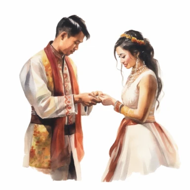 Asian bride and Indigenous groom, exchanging wedding rings, their hands intertwined, with an expression of commitment and devotion, watercolor, Pixar style, Clipart on a white background.
