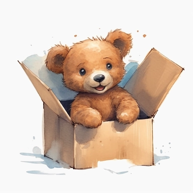 a super cute happy baby bear in a cardboard box illustration watercolor style, minimalistic, clipart, children's book illustration, hd, 16k, 4k