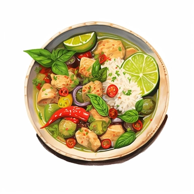watercolor, hyper realistic, white background, white margins, 16k, ultra detailed clipart, cut out image, hand-drawn a spicy Thai green curry with chicken, served in a ceramic bowl with a side of steamed rice, and garnished with basil leaves, chili peppers, and lime wedges, in the style of nightcore, multilayered realism, ricoh ff-9d, light gray and light brown, mushroomcore, dark red and green, heavy shading