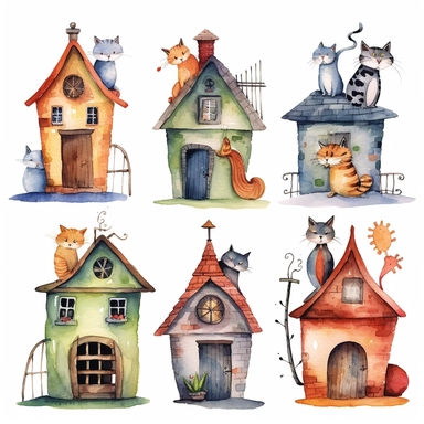 quirky watercolor cat houses, clipart on white background