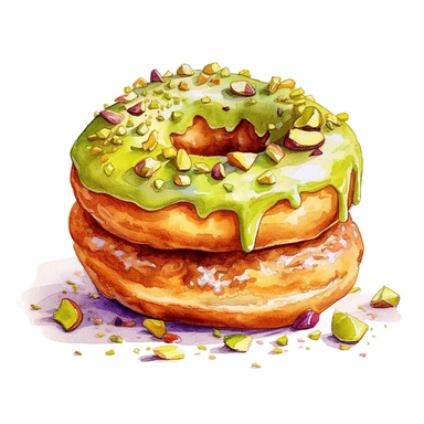 a beautiful detailed watercolor artwork of delicious Pistachio donut donut, food art, clipart, clear border, hd, on white background,