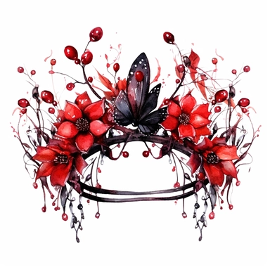 watercolor, gothic floral princess crown, clipart, red,black