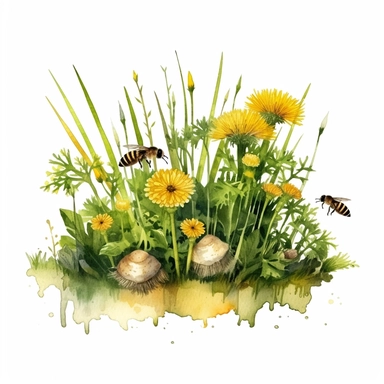 watercolor art of grass tuft with dandelions, bees, mushrooms, in the style of realistic and hyper-detailed renderings, sketchfab, ahmed morsi, realistic watercolor paintings, use of common materials, handcrafted designs clipart yellow and green with background removed
