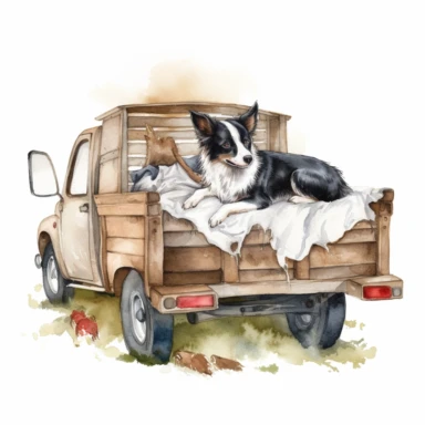 watercolor old farm truck with happy dog in bed, clipart, white background