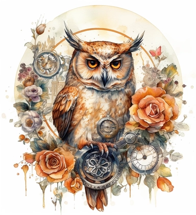 DESIGN A MAGNIFICENT AND EXQUISITE BREATHTAKING ONE-OF-A-KIND HIGH QUALITY HIGHLY DETAILED MASTERPIECE WATERCOLOR CLIPART ILLUSTRATION OF an owl in a circle with roses on the design, in the style of fantastical creatures, grid, white and amber, cybersteampunk, wimmelbilder, gemstone, pictorial dreams, WHITE BACKGROUND