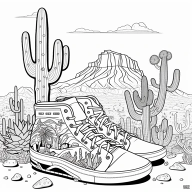 Coloring Page of Sneaker Wild West: Illustrate sneakers in a Western-themed setting, featuring cowboys, horses, cacti, and saloons, Doodle Art, LSD, Simple Design, Clipart black and white, Flat Vector