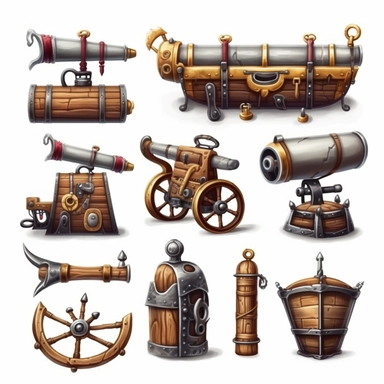 Design cute semi-realistic 3d Cannon and other pirate weapon clipart, on white background