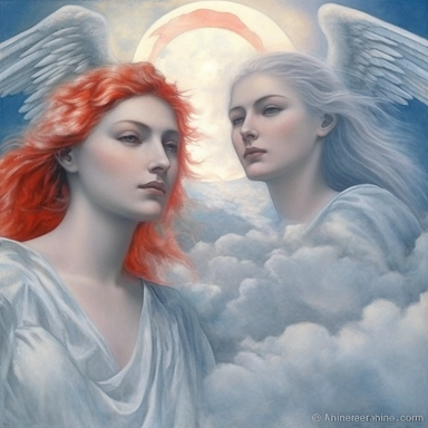 clipart, pastel blue sky, gray black clouds, red sun, white angels fly in the clouds, realism, white background, Painting By Jean Delville, heavenly, fresco
