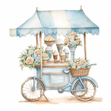 Watercolor wedding icecream blue stand, wedding clipart, simple, soft colors, cartoon elements, watercolor boho style, white transparent
