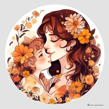 cute mom loving her little one art wallpaper, face closeup, in the style of dark amber and light amber, made of flowers, feminine sticker art, tokina opera 50mm f/1.4 ff, colorful drawings, massurrealism clipart, white background, png