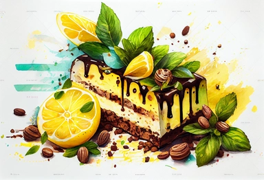 Lemon cake with chocolate, nuts and mint. Watercolor holiday clipart for design of postcards, greeting cards, invitations, menus, logos, fabric prints. Wedding, birthday, anniversary design. , .highly detailed, + cinematic shot + photo taken by sony + incredibly detailed, sharpen details + highly realistic + professional photography lighting + lightroom + behance photography unsplash