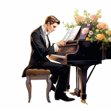 beauty man playing elegant piano, flower and a music book digital clipart on white background