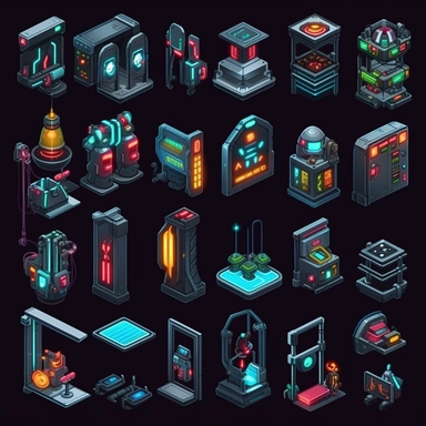 isometric, spritesheet, game assets, futuristic elevator sprites, isometric perspective, game sprite, sci-fi, cute, fun, creative, cartoon, clipart, hyper-detailed, black background