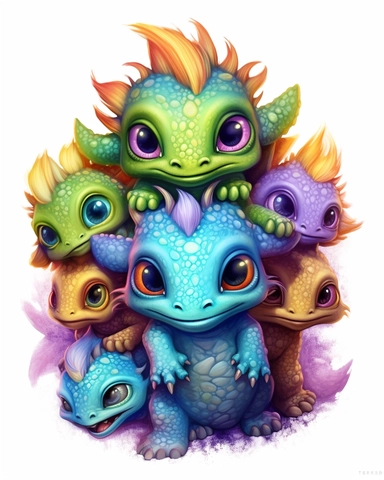 baby dragon with 5 heads clipart multicolored