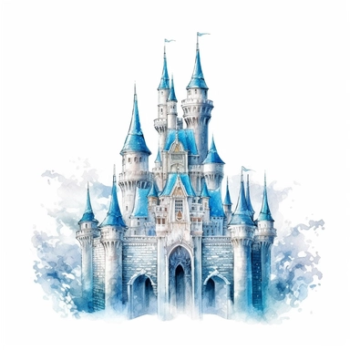 Beautiful Ice Castle Watercolor Clipart,Cartoon, hyper realistic, intricate detail, illustration style,high solution,on the white background