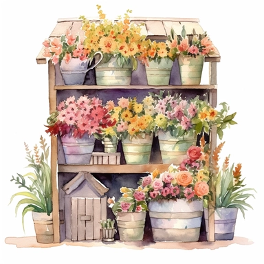 Clipart, watercolor, white background: A flower shop with rows of buckets filled with various types of fresh-cut flowers, offering a delightful array of colors and scents.