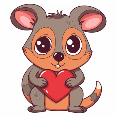 Create a clipart image of a cute cartoon-style animal holding a heart. The animal can be any type, such as a bear, rabbit, or fox, and should have large, expressive eyes and a friendly demeanor. The heart should be a bright, bold color, such as red, pink, or purple, and should be large enough to be easily visible. The background of the image should be a solid color, such as white or a pastel shade, and there should be some subtle shading or texture to give the image depth and dimension. The clip