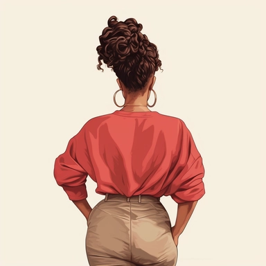 black woman with a red shirt, sititng down backview, khaki cream pants, messy bun hairstyle, arms out, detailed soft illustration, clipart