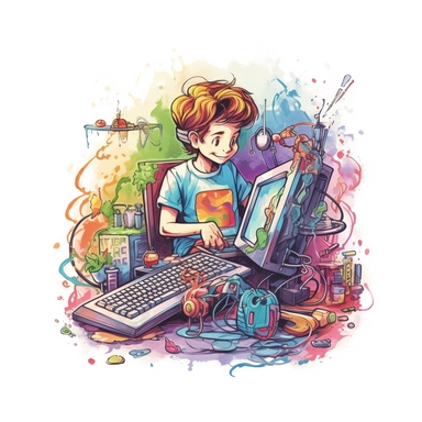 studio logo of programming colorful code getting out of a computer's screen clipart , boho style, in style of Watercolor and ink outline