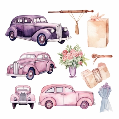 watercolor and pen wedding themed clipart, include bride and groom, vintage car, chapel, bouquet, high details, 8k,