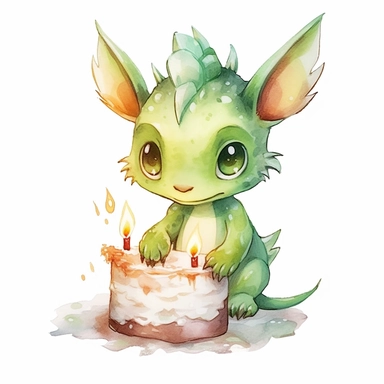 watercolor cute dragon clipart, adorable, big eyes, japan anime style, green, smiling, holding a slice of birthday cake, one tail only, on white background