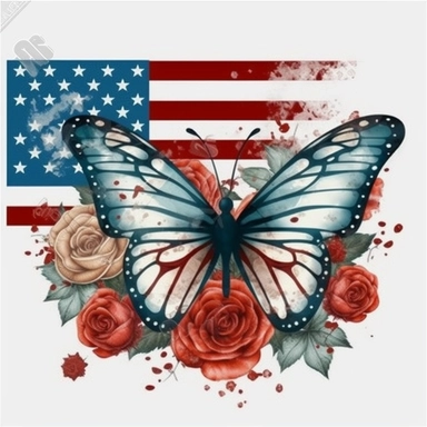 American flag with Butterfly and roses Sublimation Clipart, Cartoon funny, Cute anime, Very detailed, firework background