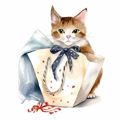 Beautiful watercolor clipart of a playful cat with a paper bag, capturing the elegance and grace of felines, with intricate colors and details, perfect for a book cover, whimsical and charming, high-quality illustration, hand-painted with care, sophisticated and stylish.