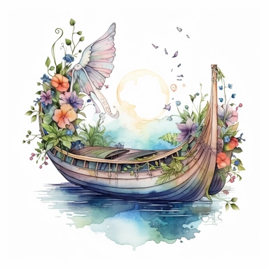 clipart, isolated on white background, Watercolor spring fairy and wings and flowers and branches and grass and leaves, moon and boat, ornated, vivid and vibrant and saturated colors