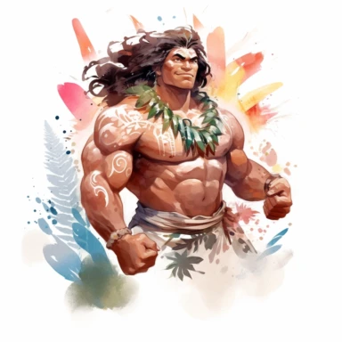 watercolor Maui man from Moana, muscular, clipart, white background, by Pixar, by Kawacy