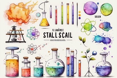 simpel set of laboratory stuff clipart, big bang, atom structur, watercolor style, black outlines, strong colors, for childrenbook, white background, 16k,