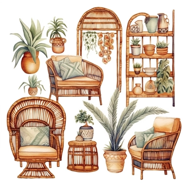 beautiful boho furniture, neutral tones, watercolor clipart, solid white background, hard edges, smooth