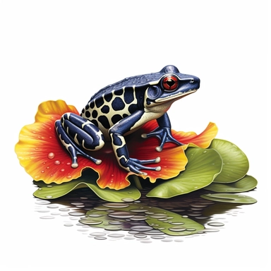south american poison dart frog on a lily pad, scales, clipart, white background, realistic painting