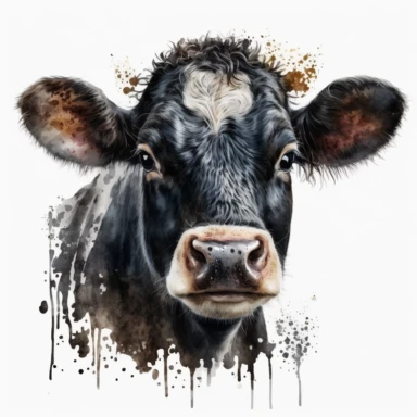 detailed watercolour 4k cute fully black no white cow old adult big cow face clipart white background