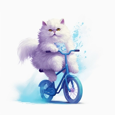 Create a clipart image of a white Persian cat riding a blue bicycle with a streamer on the handlebars. Low detail. White background, soft lighting. In the style of Bob Ross