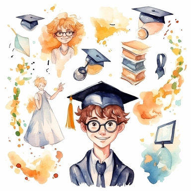 Watercolor graduation ceremony related scenes, illustrations clipart set, simple, , cartoon elements, different variants, separate elements with a margin