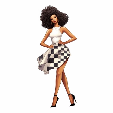 Create clipart sticker featuring white background a full-body runway pose, of a beautiful, black African-American girl confidently wearing stilettos, model wearing fashion designer clothes