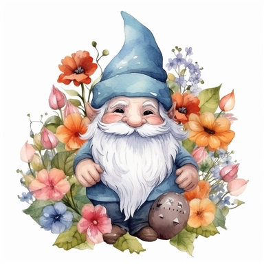 Cute garden gnome watercolor clipart with floral springs surrounding it, happy emotions, high quality digital drawing, white background