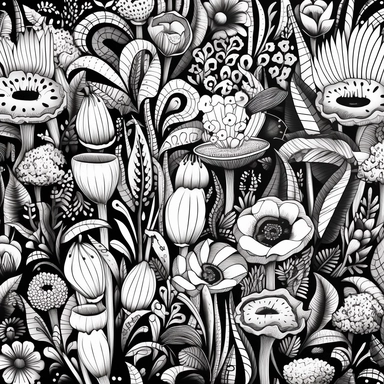 black and white coloring page for adults, lots of plants , in the style of ominous vibe, monochromatic white figures, fine lines, creative commons attribution, wallpaper, childs drawing, animated exuberance, no shading, clipart