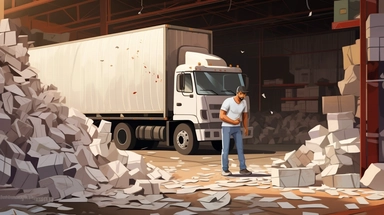 a truck driver checks into a digital tablet on a warehouse dock, dirty stacks of paper litter the floor on the wall behind him, clipart and cutout photos collage combined with vector illustrations