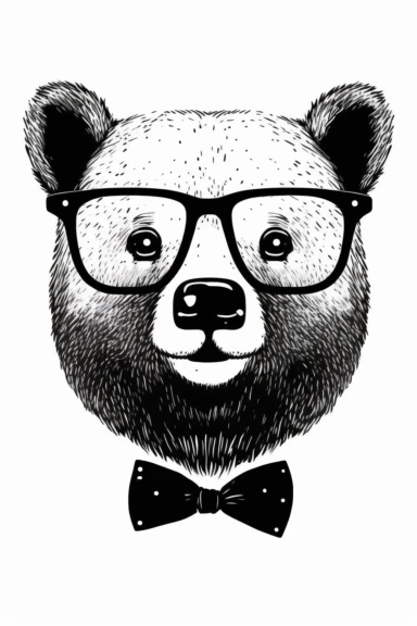 minimalistic pixar style clipart, minimalistic nordic style clipart, anthro hipster bear face with mustache, minimalistic black and white color palette,