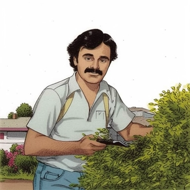 use reference images to generate a funny watercolor, ink, cartoon style, father's day clipart, humorous, man with black hair trimming hedges in the florida heat